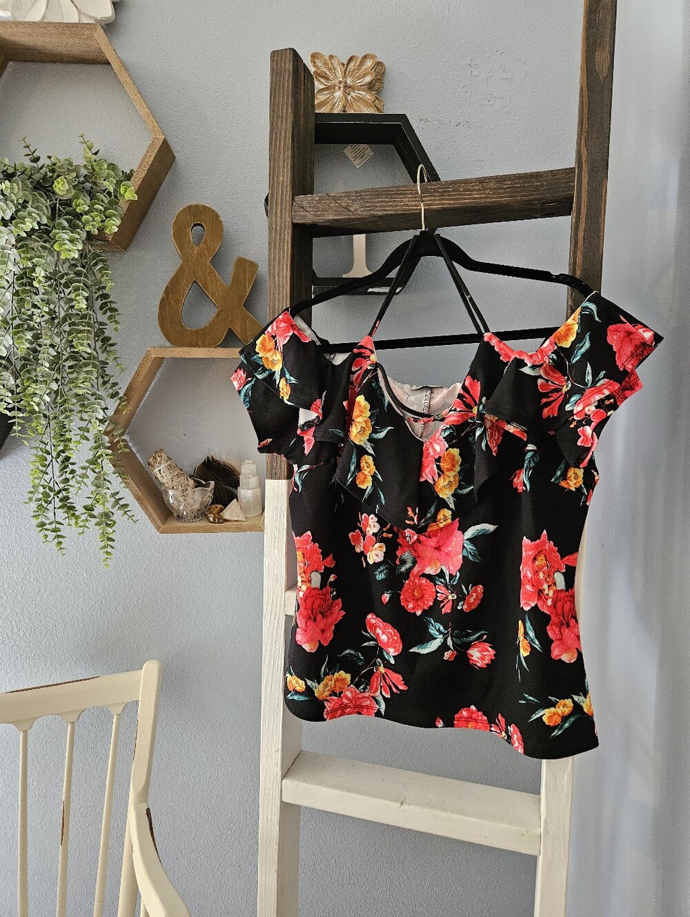 Boho Floral Ruffle Cold-Shoulder Top - Black with Red & Yellow Blooms